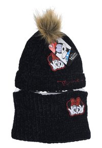 Gorro negro de punto con pom-pom de pelo sintético, con parches de Minnie Mouse y bordado rojo. Incluye bufanda a juego, diseño texturizado.