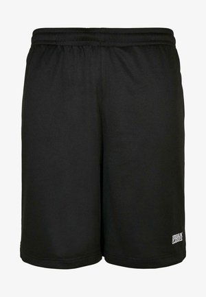 Zwarte mesh sportshorts met een elastische tailleband en een klein wit logo aan de onderkant. Lichtgewicht en ademende stof.