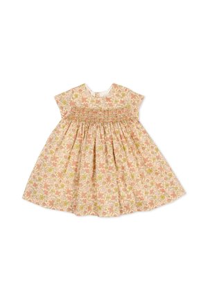 Vestito per neonata a maniche corte con motivo floreale beige, rosa e verde e dettaglio arricciato sul petto.
