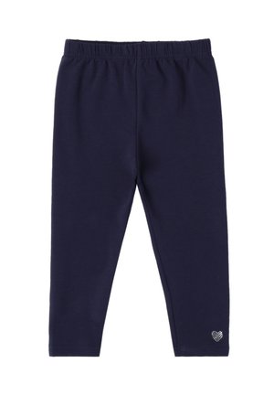 Donkerblauwe leggings van zachte katoen, met een elastische tailleband en een kleine strass hartdetail nabij de enkel.