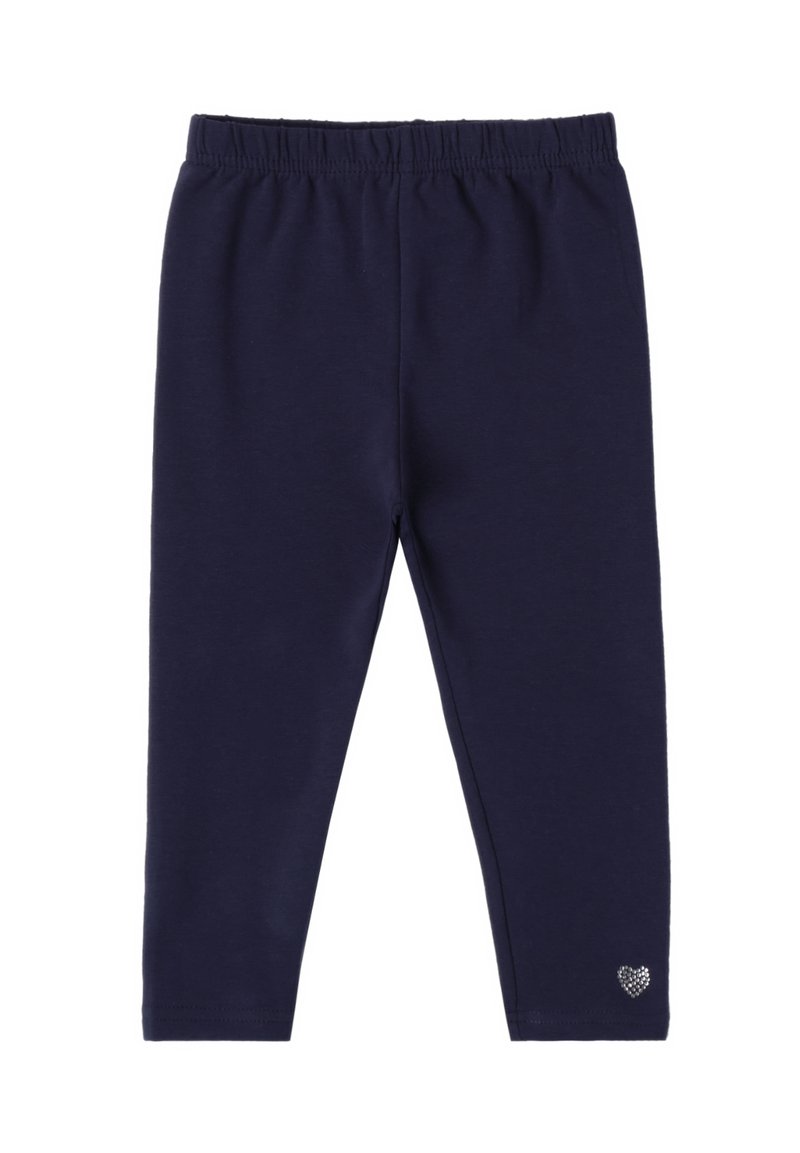 Leggings blu navy in cotone morbido, con vita elasticizzata e un piccolo dettaglio a forma di cuore in strass vicino alla caviglia.