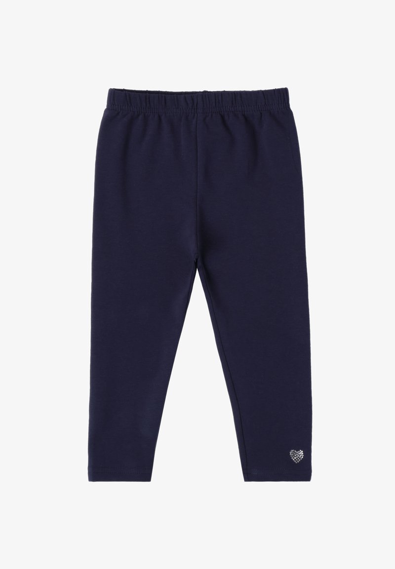 Leggings bleu marine en coton doux, avec une taille élastique et un petit détail en forme de cœur en strass près de la cheville.
