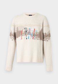 Πλεκτό πουλόβερ σε κρεμ χρώμα με καφέ σχέδιο βουνού και δάσους και πολύχρωμα κεντημένα σκι στο στήθος.