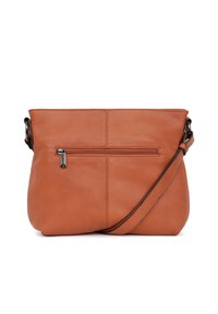 Borsa a tracolla in pelle color cuoio con tasca posteriore con zip, design piatto e tracolla regolabile. Texture liscia con dettagli di cucitura minimi.