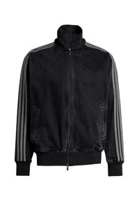 Svart zip-up träningsjacka med ribbad krage, manschetter, midja och tre grå ränder som löper längs varje ärm.