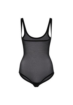 Costume da bagno intero in rete nera con spalline sottili e scollatura a girocollo. Presenta una silhouette aderente e una texture liscia. Senza motivi o accenti.
