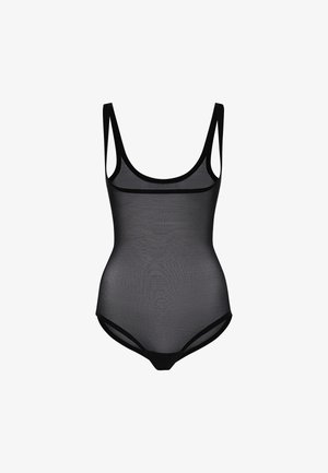 Costume da bagno intero in rete nera con spalline sottili e scollatura a girocollo. Presenta una silhouette aderente e una texture liscia. Senza motivi o accenti.