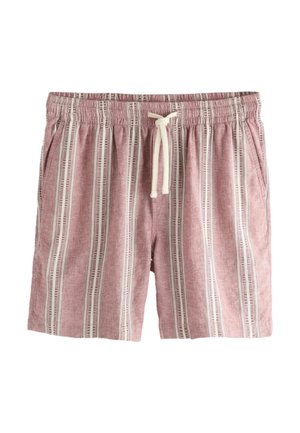 Różowo-białe casualowe szorty w pionowe paski, z elastycznym paskiem w talii, białym sznurkiem do wiązania i bocznymi kieszeniami.
