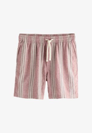 Rózsaszín és fehér függőleges csíkos, hétköznapi rövidnadrágok elasztikus derékrésszel, fehér húzózsinórral és oldalzsebekkel.