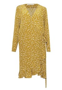 Senapsgul omslagsklänning med långa ärmar, vitt blommönster, volangkant och sidobanddetalj.