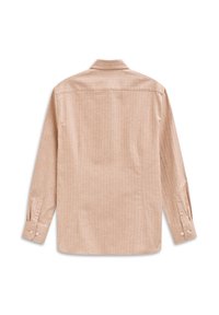 Beige Langarmhemd mit geknöpften Manschetten, Kentkragen und glattem Rückenteil, flach auf weißem Hintergrund ausgelegt.