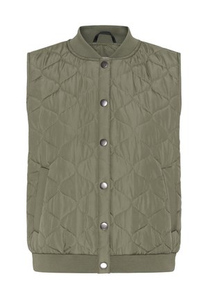 Vestă matlasată verde măsliniu fără mâneci, cu nasturi capse, guler și tiv striate, și buzunare laterale.