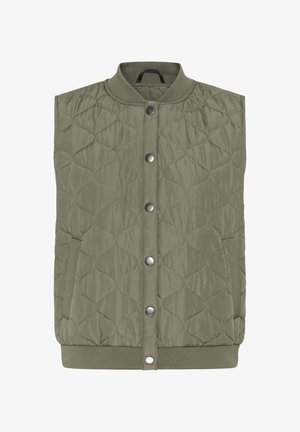 Zaļa olīvu krāsas bezroku dūraiņu veste ar spiedpogām, ribota apkakle un apakša, kā arī sānu kabatas.