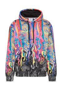 Hoodie mit einem lebhaften, wirbelnden Mehrfarbenmuster und schwarzen Akzenten an der Taille und den Bündchen. Leichtes Material.