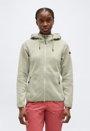 Nő világoszöld mintás cipzáros kapucnis pulóverben és rózsaszín nadrágban, egyszínű fehér háttér előtt állva.