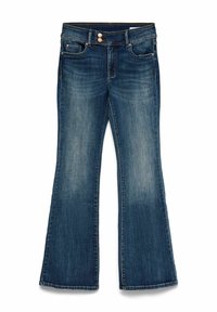 Flared denim jeans in donkerblauw met een lichte waseffect. Voorzien van een standaard ontwerp met vijf zakken, knoopsluiting en stikselaccenten.