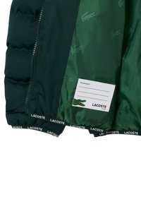 Tmavozelená detská bunda Lacoste s vnútornou podšívkou s potlačou, zipsom a bielou menovkou s logom krokodíla a názvom značky.