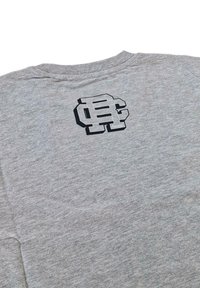 Gray short-sleeve t-shirt featuring a black logo on the back, made of soft cotton material with a classic crew neck design.