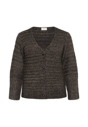 Cardigan tricotat maro cu decolteu în V, textură cu rigle verticale, șase butoane negre și mâneci lungi. Fabricat dintr-un material moale și călduros.