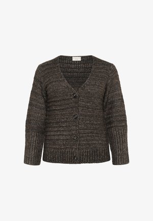Cardigan en tricot marron avec un col en V, texture en côtes verticales, six boutons noirs et manches longues. Fabriqué en tissu doux et chaud.