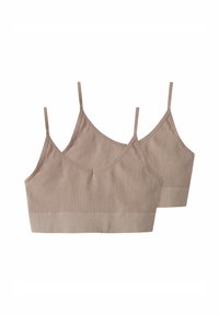 Due bralette beige in cotone a coste con spalline sottili e una fascia elastica senza cuciture sul fondo, su uno sfondo bianco.