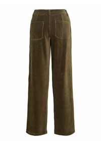 Pantalon large en velours côtelé vert olive avec deux poches plaquées à l'avant et une ceinture avec passants.