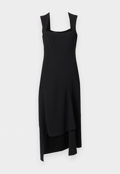 Musta hihaton mekko, jossa on neliön muotoinen pääntie, A-linjainen siluetti, epäsymmetrinen helma ja sileä, teksturoitu kangas.
