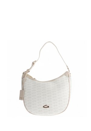 Borsa a tracolla bianca di design con motivo logo sottile e ripetuto, forma curva, una tracolla, chiusura con cerniera e piccolo emblema metallico con logo sul davanti.