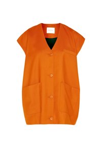 Oranžová bezrukávová vesta s výstřihem do V, s předním zapínáním na knoflíky, dvěma velkými kapsami a náprsní kapsou. Hladká textura látky.