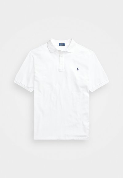 White cotton polo shirt, short sleeves, three-button placket, features a small blue logo on the left chest, classic collar.