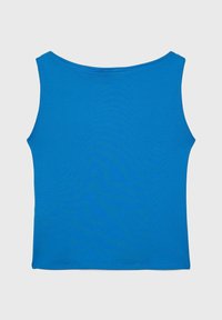 Top blu senza maniche con scollatura rotonda, texture liscia e forma aderente. Nessun logo o motivo visibile. Design semplice.