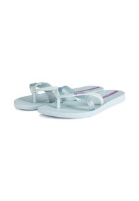Light blue flip-flops with a textured sole, featuring translucent glittery straps in shades of blue and lilac, and a slight arch design.