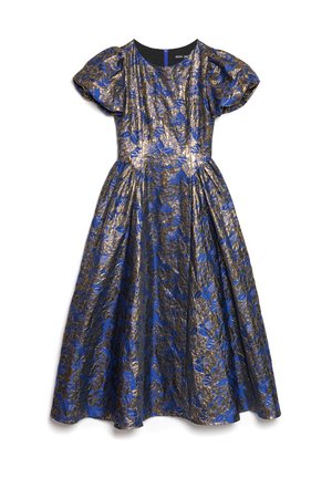 Blue and gold floral print dress with short puff sleeves, a round neckline, and a flared skirt, made from a structured, shiny fabric.