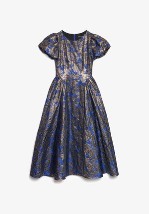 Rochie cu imprimeu floral albastru și auriu, cu mâneci scurte bufante, decolteu rotund și fustă evazată, realizată dintr-un material structurat, lucios.