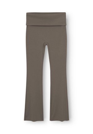 Leggings marron évasés en matériau extensible, dotés d'une large bande à la taille et d'une texture lisse sur toute leur surface.