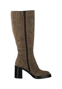 Bottes en suede marron jusqu'aux genoux avec une fermeture éclair sur le côté, bout arrondi et un talon épais noir, présentant une finition texturée et des accents cousus.