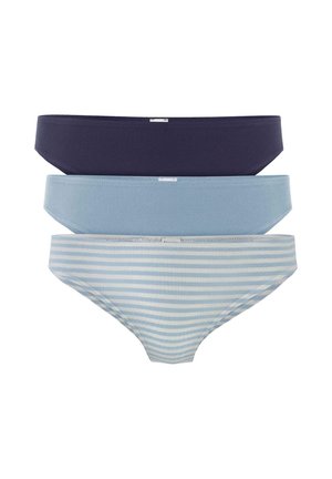 Drie damesbikini's in marineblauw, effen lichtblauw en lichtblauw met witte horizontale strepen, verticaal opgestapeld.