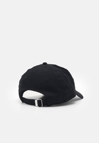 Black cotton baseball cap with a curved brim, adjustable strap at the back, and small stitching detail on the crown.