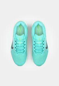 Aqua-blue athletic sneakers with mesh upper, black swoosh logo, and contrasting green accents. Features flat laces and cushioned soles.