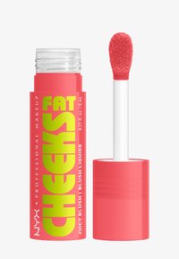 Blush Juteux Fat Cheeks NYX dans un emballage rose avec un texte jaune vif. Dispose d'un embout applicateur doux pour une application précise. Capacité de 8 mL.