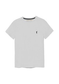 Camiseta de algodón gris con mangas cortas, cuello redondo y un pequeño logo en navy de un golfista en el pecho izquierdo. Textura suave, corte clásico.