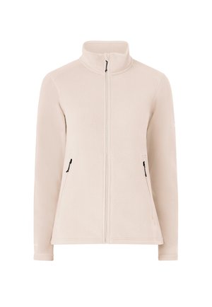 Beige full-zip fleece jacket with stand collar and zippered side pockets, designed for warmth and casual wear.