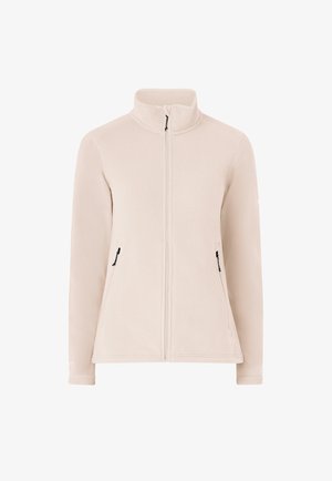 Beige fleecejack met volledige ritssluiting, opstaande kraag en ritszakken aan de zijkant, ontworpen voor warmte en casual gebruik.