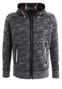 Sweat à capuche zippé gris et noir chiné avec cordons orange et poches avant noires étiquetées « Superdry Sport ».
