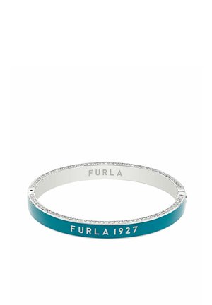 Srebrna i morska bransoletka emaliowana z grawerunkiem "FURLA 1927" oraz małymi przezroczystymi kryształkami zdobiącymi wewnętrzną krawędź.