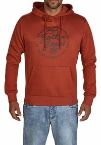 Brown hoodie made of cotton with a front pocket, drawstring hood, and a graphic print stating "Jack & Jones 1990" in blue.