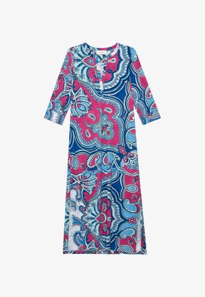 Vestito a maniche lunghe con motivo floreale paisley audace in blu, rosa e bianco, scollo rotondo e dettaglio con spacco frontale.