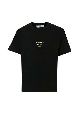 Czarny bawełniany T-shirt z krótkimi rękawami i okrągłym dekoltem. Z przodu umieszczony biały i złoty tekst: "MSGM/MWSW UCZYŃ SWOJE ŻYCIE NIEZWYKŁYM."