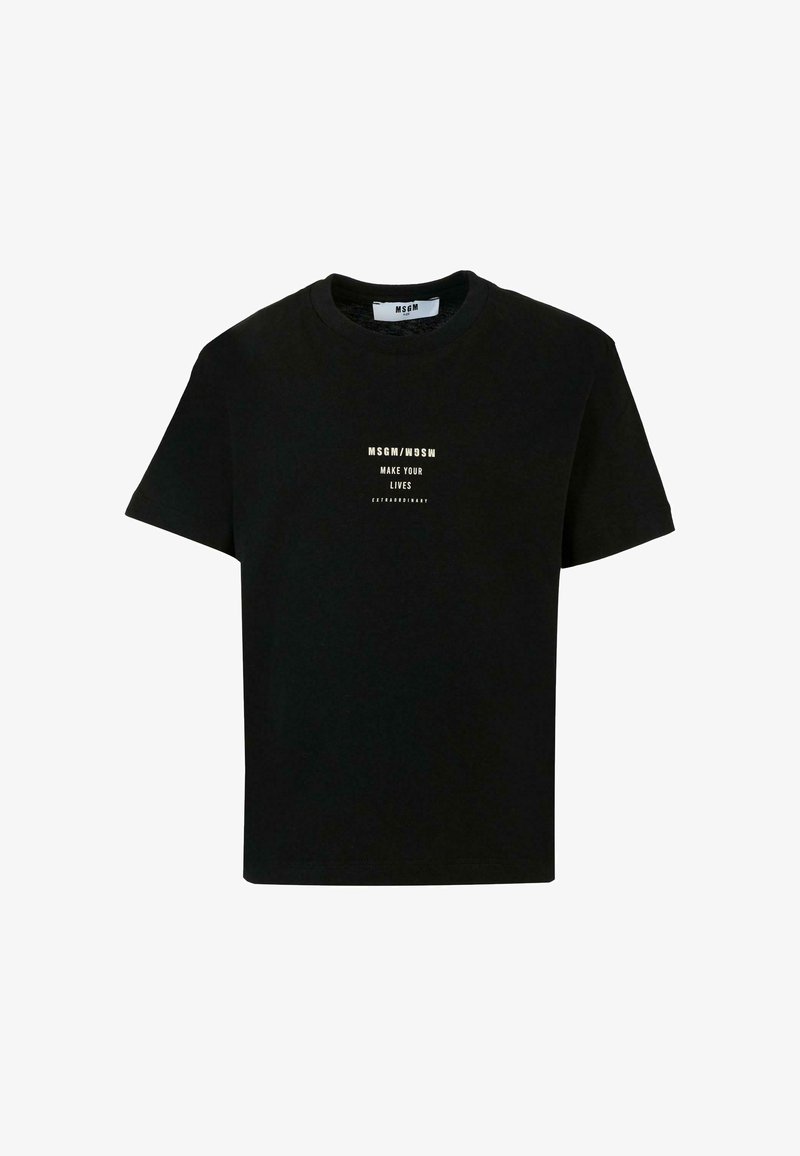 Zwarte katoenen t-shirt met korte mouwen en ronde halslijn. Bevat gecentreerde witte en gouden tekst: "MSGM/MWSW MAKE YOUR LIVES EXTRAORDINARY."