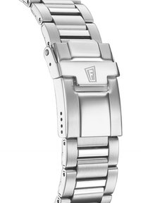 Bracelet de montre en acier inoxydable argenté avec des sections polies et brossées, équipé d'une fermeture pliable et d'un logo gravé sur la fermeture.